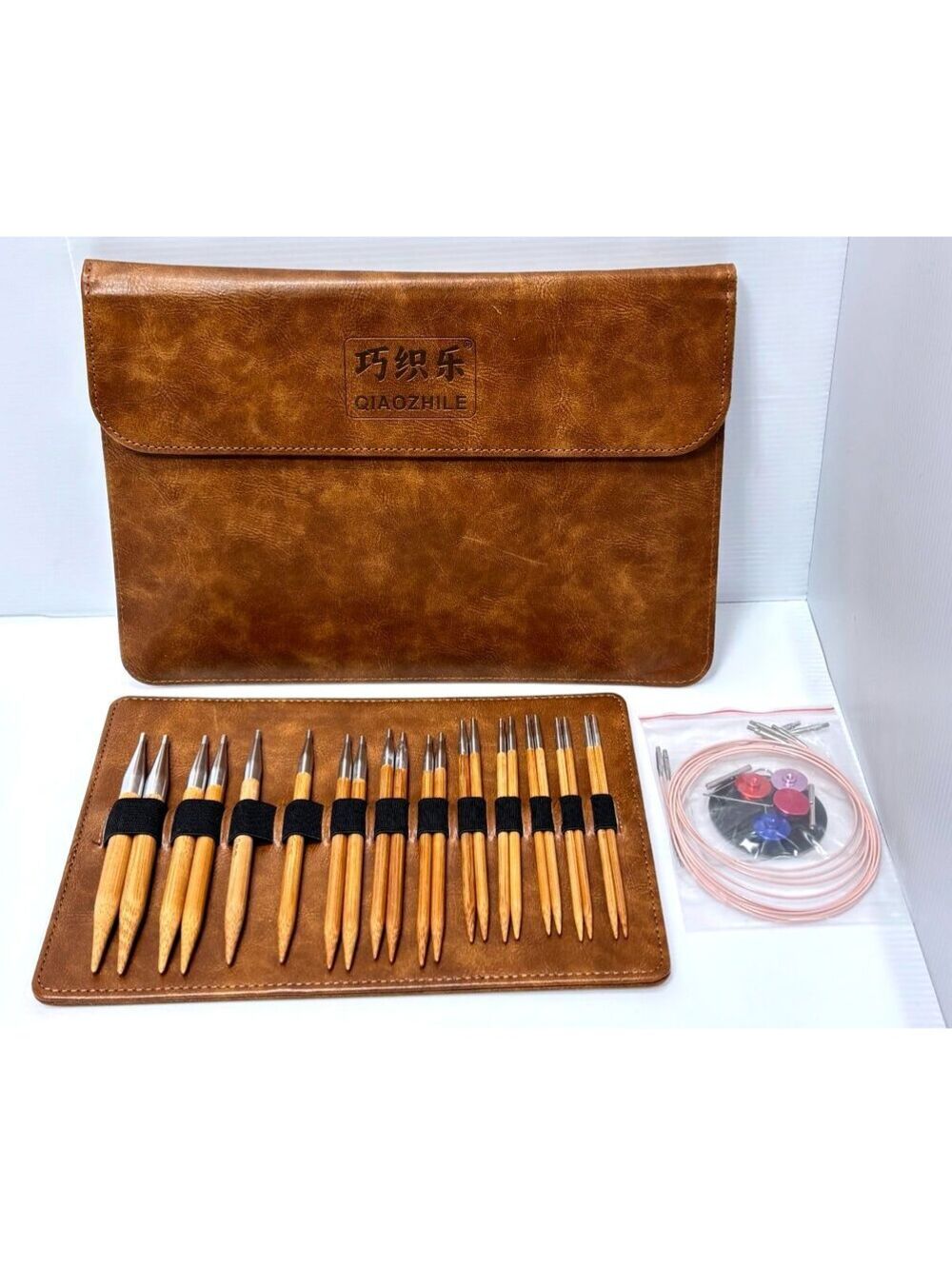 Bamboo Circular Knitting Needle Set with Leather Case and Accessories